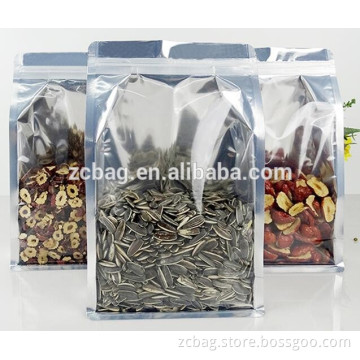 quad eight side seal colorful aluminium foil flat bottom one side aluminium foil one side transparent PE snack packaging bags